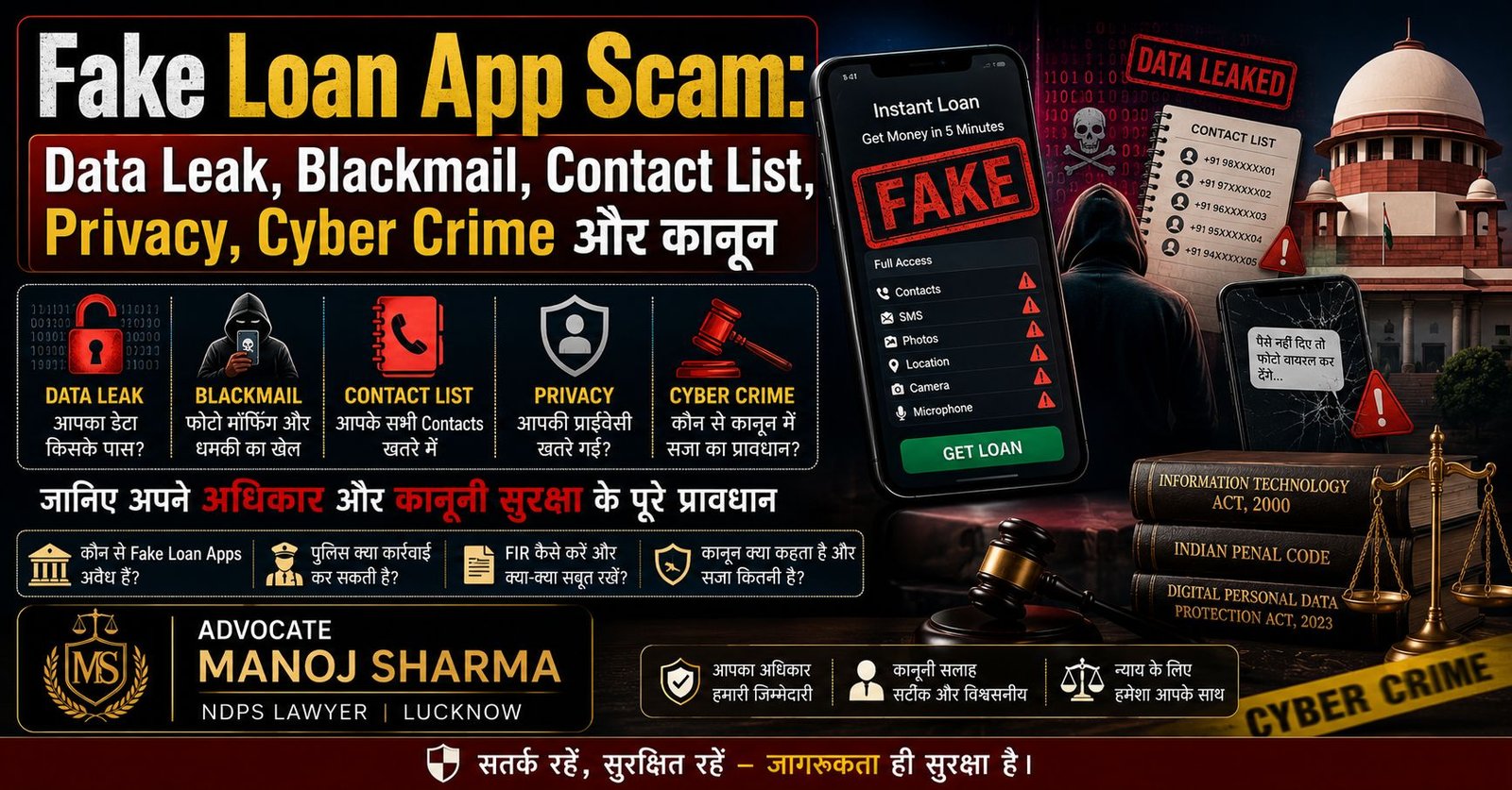 Fake Loan App Scam में Data Leak, Blackmail, Contact List Harassment और Cyber Crime को दर्शाती तस्वीर